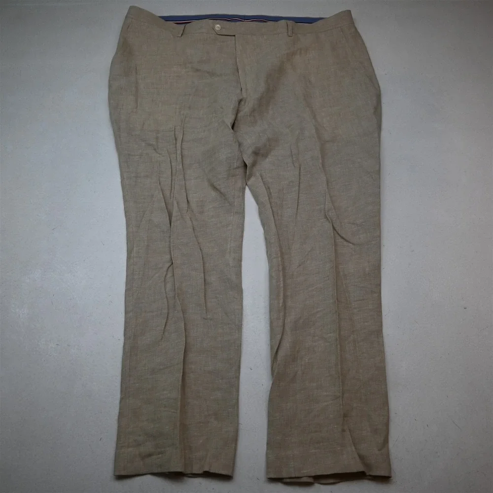 Tommy Hilfiger 46x32 Khaki 100% Linen Flat Front Straight Dress Mens Pants